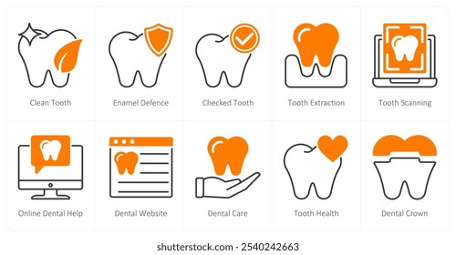 A set of 10 dental care icons as clean tooth, enemel defence, checked tooth