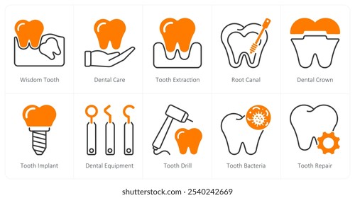 Un conjunto de 10 iconos de cuidado dental como muela del juicio, cuidado dental, extracción de dientes