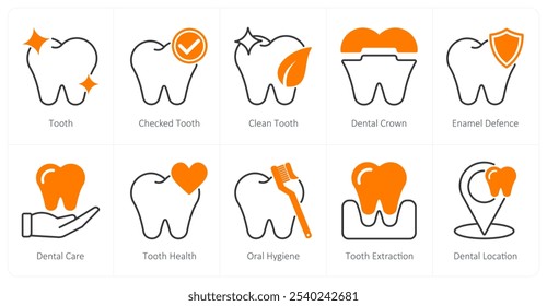 A set of 10 dental care icons as tooth, checked tooth, clean tooth