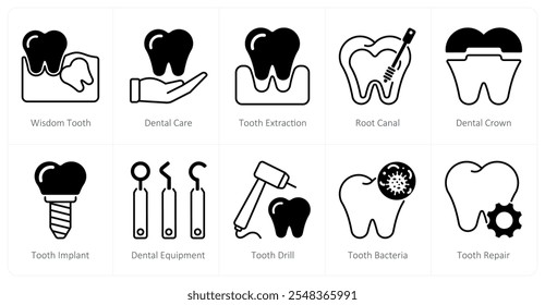 Un conjunto de 10 iconos de cuidado dental como muela del juicio, cuidado dental, extracción de dientes