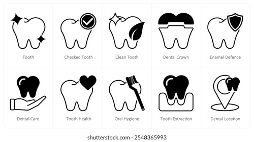 A set of 10 dental care icons as tooth, checked tooth, clean tooth