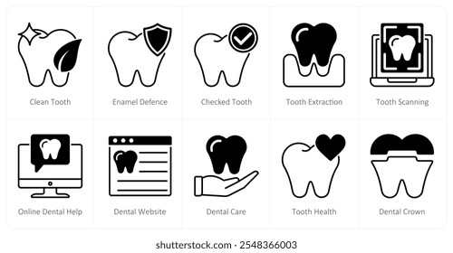 A set of 10 dental care icons as clean tooth, enemel defence, checked tooth