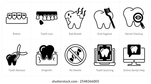 A set of 10 dental care icons as braces, tooth loss, bad breath