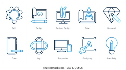 A set of 10 design and creativity icons as bulb, design, custom design