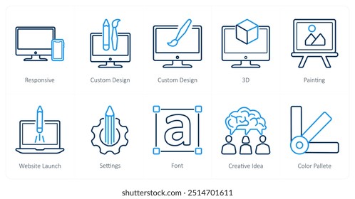 A set of 10 design and creativity icons as responsive, custom design, 3d