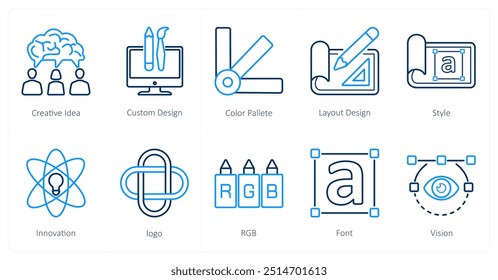 A set of 10 design and creativity icons as creative idea, custom design, color palette