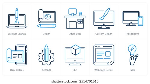 A set of 10 design and creativity icons as website launch, design, office desc, custom design