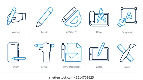 A set of 10 design and creativity icons as writing, pencil, geometry