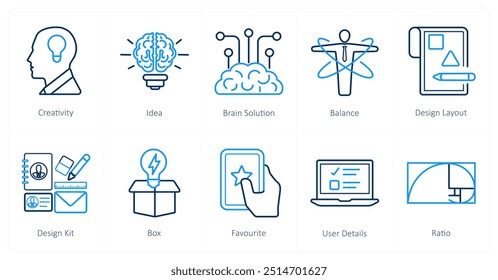 Un conjunto de 10 iconos de diseño y creatividad como creatividad, idea, solución cerebral