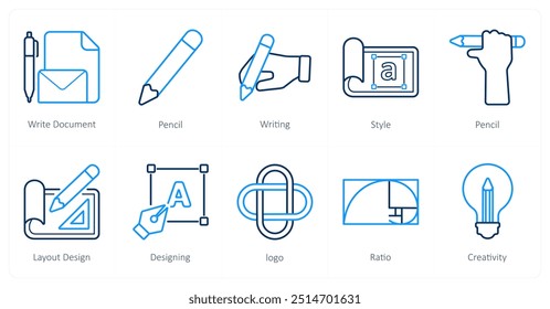 A set of 10 design and creativity icons as write document, pencil, writing