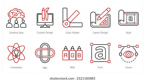 A set of 10 design and creativity icons as creative idea, custom design, color palette