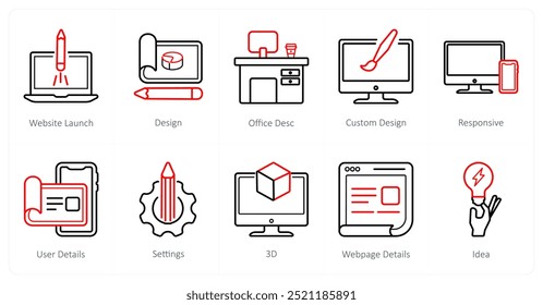 A set of 10 design and creativity icons as website launch, design, office desc, custom design