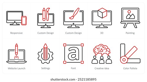 A set of 10 design and creativity icons as responsive, custom design, 3d