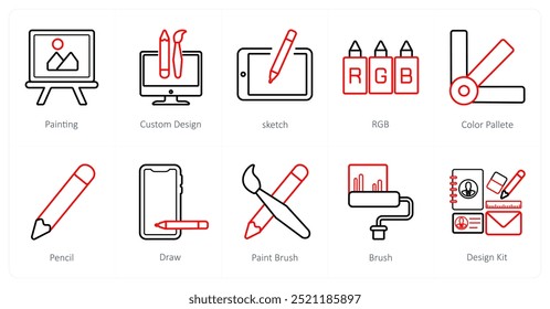 A set of 10 design and creativity icons as painting, custom design, sketch