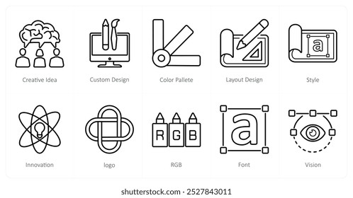 A set of 10 design and creativity icons as creative idea, custom design, color palette