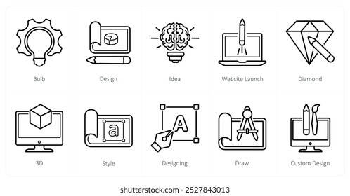 A set of 10 design and creativity icons as bulb, idea, website launch