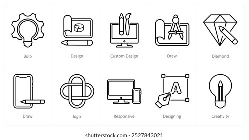 A set of 10 design and creativity icons as bulb, design, custom design