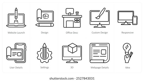 A set of 10 design and creativity icons as website launch, design, office desc, custom design