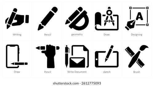 A set of 10 design and creativity icons as writing, pencil, geometry