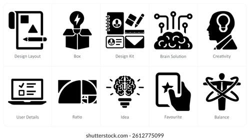 A set of 10 design and creativity icons as design layout, box, design kit