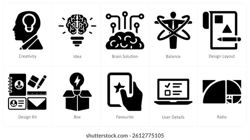A set of 10 design and creativity icons as creativity, idea, brain solution