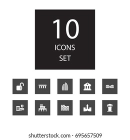 Set Of 10 Design Icons Set.Collection Of Museum, Skyscraper, Suspension And Other Elements.