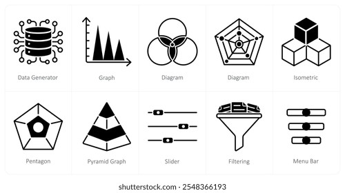 Um conjunto de 10 ícones de diagrama como gerador de dados, gráfico, diagrama