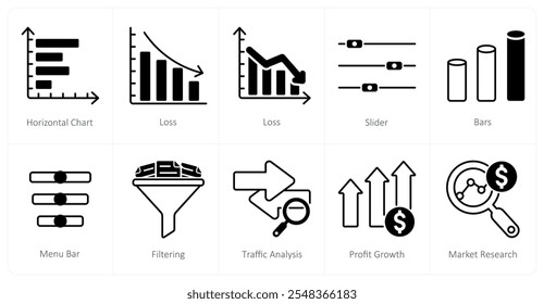 A set of 10 diagram icons as horizontal chart, loss, slider, bars