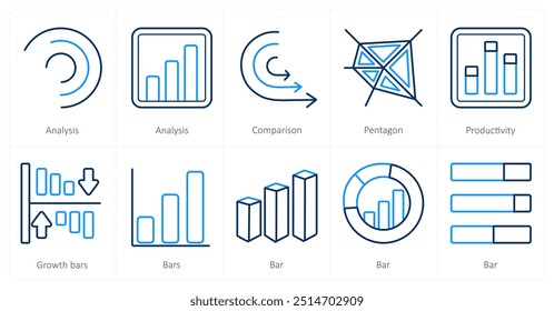 Um conjunto de 10 Diagramas e Relatórios ícones como análise, comparação, pentágono