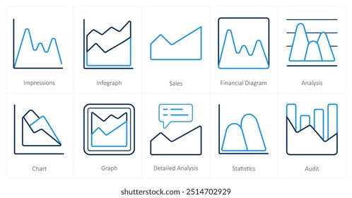 Um conjunto de 10 Diagramas e Relatórios ícones como impressões, infográfico, vendas