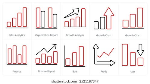 A set of 10 Diagrams and Reports icons as sales analytics, organization report, growth analysis