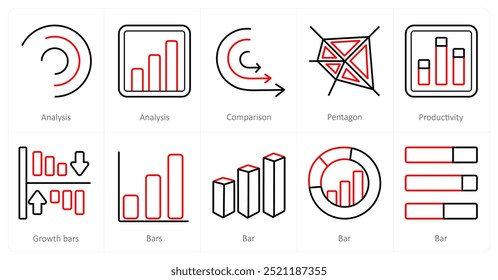 Um conjunto de 10 Diagramas e Relatórios ícones como análise, comparação, pentágono