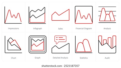 Um conjunto de 10 Diagramas e Relatórios ícones como impressões, infográfico, vendas