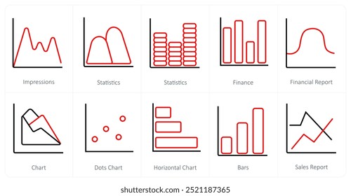 Um conjunto de 10 ícones de Diagramas e Relatórios como impressões, estatísticas, finanças