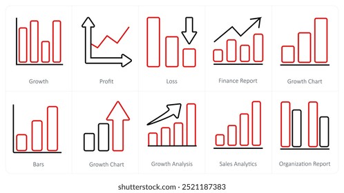 Um conjunto de 10 ícones de Diagramas e Relatórios como crescimento, lucro, perda