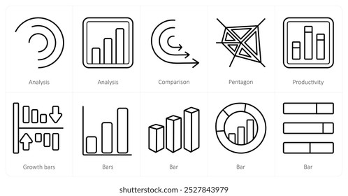 Um conjunto de 10 Diagramas e Relatórios ícones como análise, comparação, pentágono