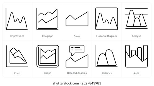 Um conjunto de 10 Diagramas e Relatórios ícones como impressões, infográfico, vendas