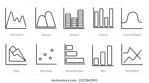 Um conjunto de 10 ícones de Diagramas e Relatórios como impressões, estatísticas, finanças