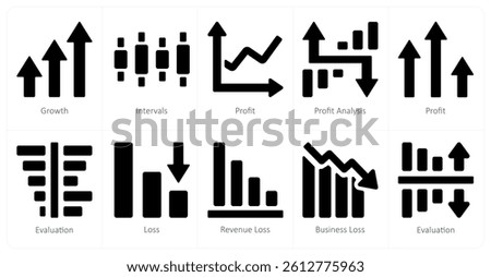 A set of 10 Diagrams and Reports icons as growth, intervals, profit