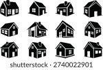 A set of 10 different black and white house icons with unique architectural details