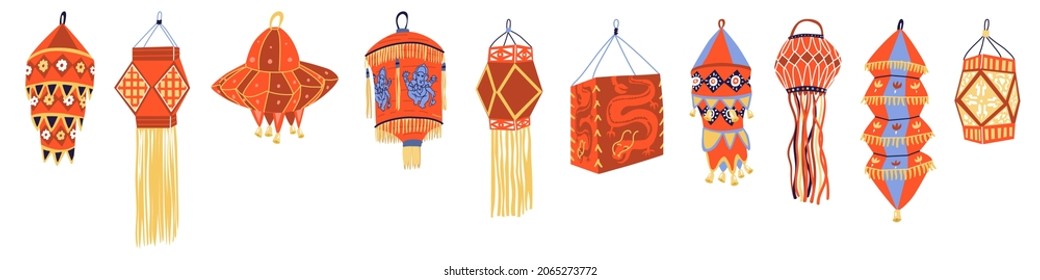 Set with 10 different Indian Street paper lanterns. Oriental light for traditional holiday. Deva Devali`, Diwali. Vector illustration in flat style. Festive and religion event decor. Isolated 