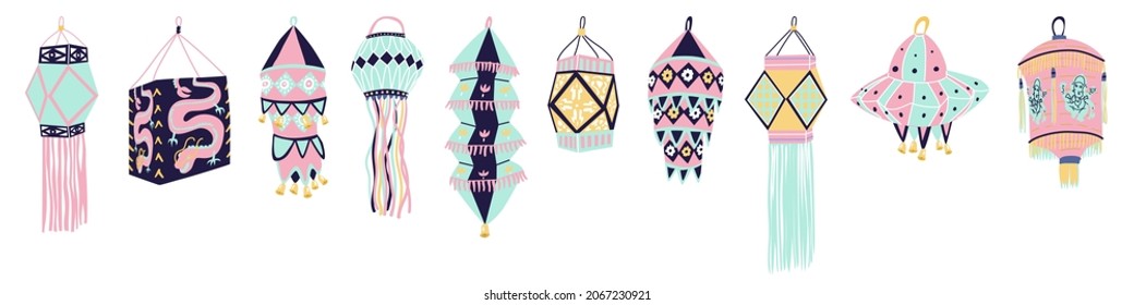 Set with 10 different Indian Street paper lanterns. Oriental light for traditional holiday. Diwali. `Vector illustration in flat style. Festive and religion event decor. Isolated on white background.