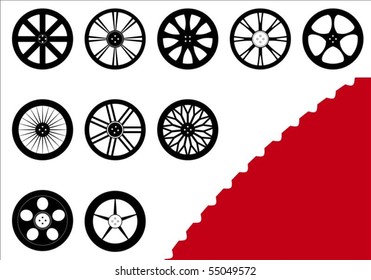 A set of 10 different rims with a detailed tire outline to look more realistic.