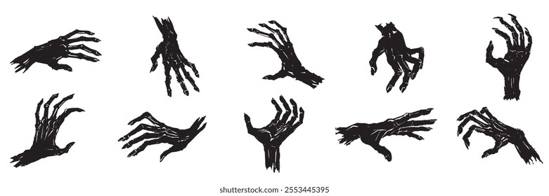 Set of 10 different scary hand-drawn black silhouettes of hands of zombies and the living dead