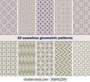 Set of 10 different seamless abstract geometric patterns with striped vanes elements. Vector illustration for various creative projects