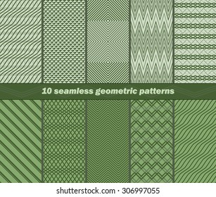 Set of 10 different seamless abstract geometric patterns in green colors. Vector illustration for various creative projects
