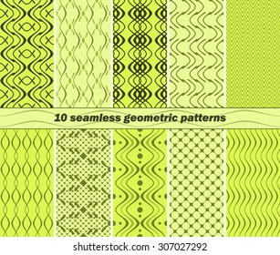 Set of 10 different seamless abstract geometric patterns in lime and green colors. Vector illustration for various creative projects