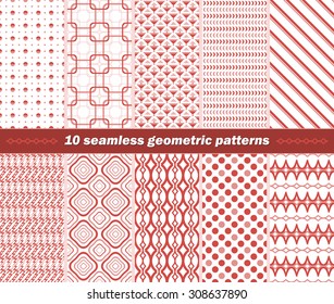Set of 10 different seamless abstract geometric patterns in red color. Vector illustration for various creative projects