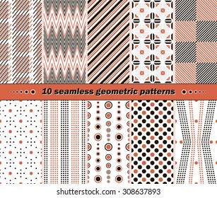 Set of 10 different seamless abstract geometric patterns in black, white and red colors. Beautiful contrasting prints. Vector illustration for stylish creative design