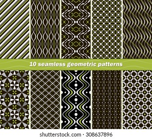 Set of 10 different seamless abstract geometric patterns in black, white and green colors. Beautiful contrasting prints. Vector illustration for stylish fashionable design